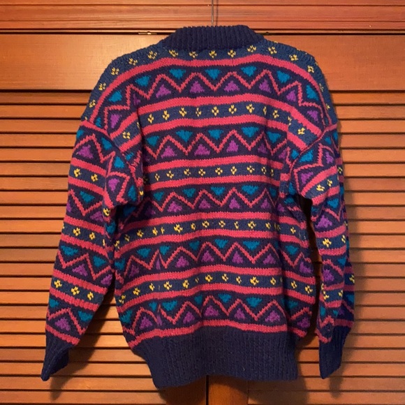 Vintage 1990s Yarn Point Crafts Wool Sweater Oversized Purple Pink Blue Pattern - Picture 3 of 3